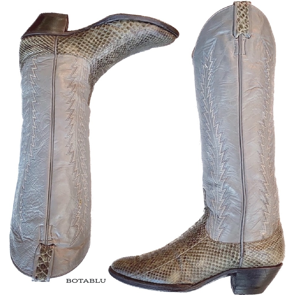 SOLD Larry Mahan Vintage Snakeskin Gray Leather Knee High Cowboy Western BootS - Picture 8 of 9
